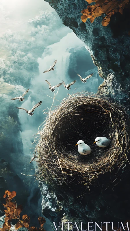 Cliffside avian nestscape with depth-rich atmospheric rendering.