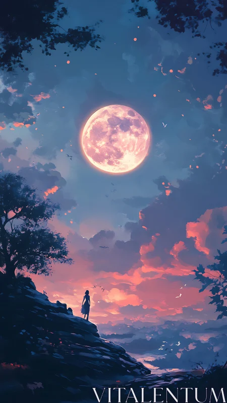 Soft moonrise welcomes a lone dreamer above glowing clouds