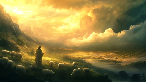 Radiant valley shepherd wandering under molten sunrise skies.