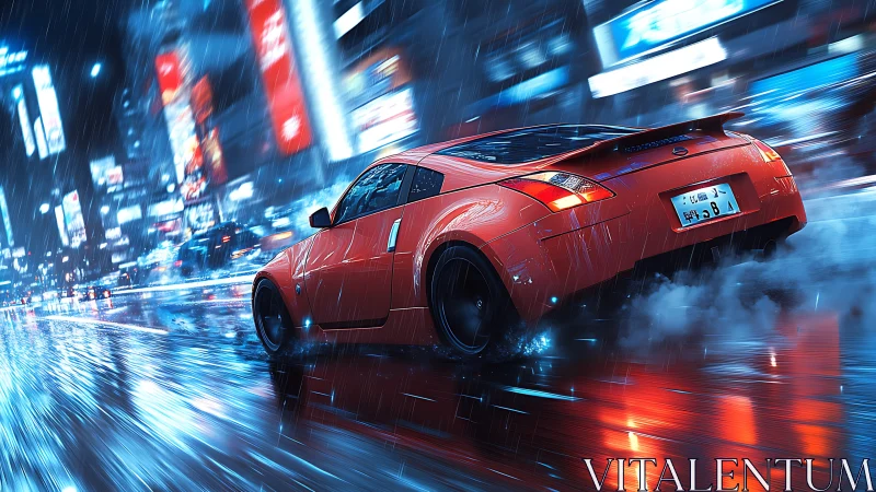 Night rain ignites a red sports car racing through neon streets