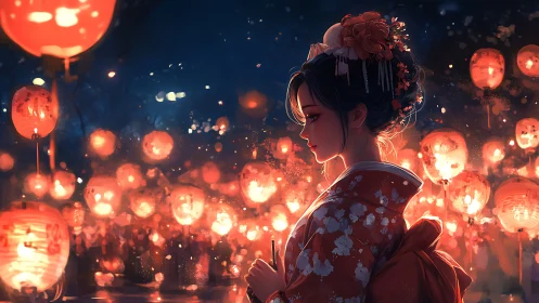Lantern-lit kimono dreamer amid ember-bright festival glow.
