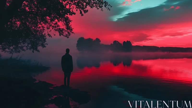 Silhouette by reflective lake under red cyan twilight sky.
