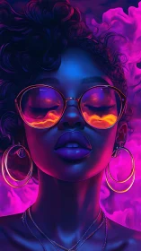 Neon-lit portrait amplifies chromatic contrast and reflective depth