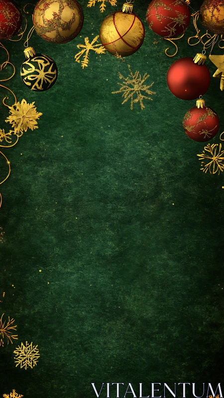 Rich green Christmas background framed by golden ornaments.