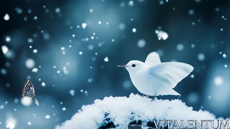 White Dove Perched on Snow Against Bokeh Winter Backdrop.