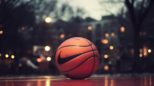 Basketball on outdoor court at dusk with city backdrop.