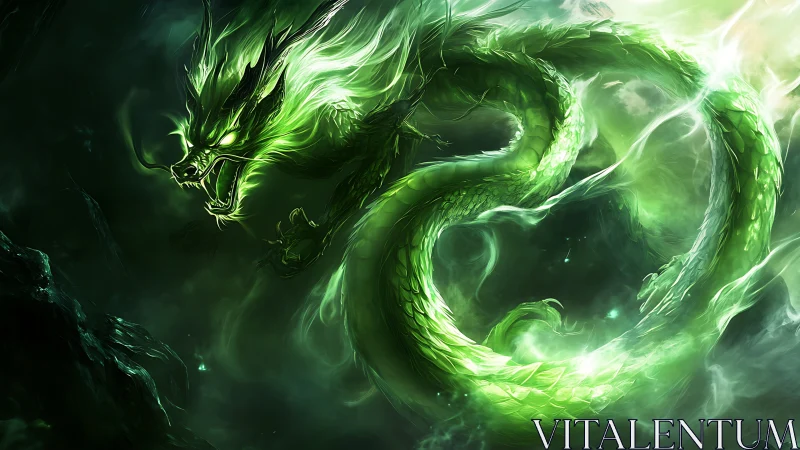 Emerald spirit dragon coils through stormlit emerald mist