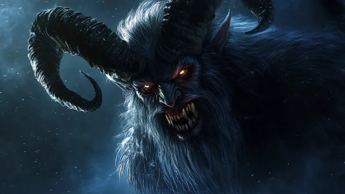 Horned demonic entity with luminescent eyes in glacial fog.