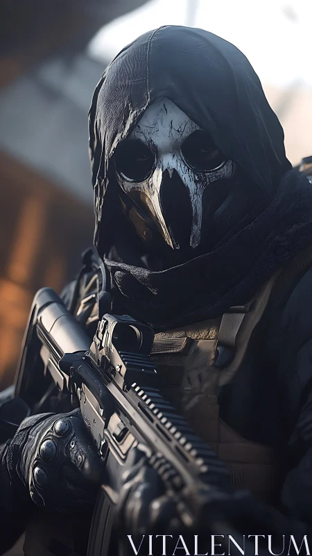 Tactical operator in skull mask with carbine rifle, close-up.