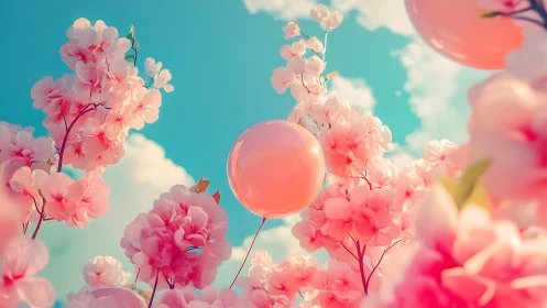 Pink Blooms and Glass Sphere Against Turquoise Sky.