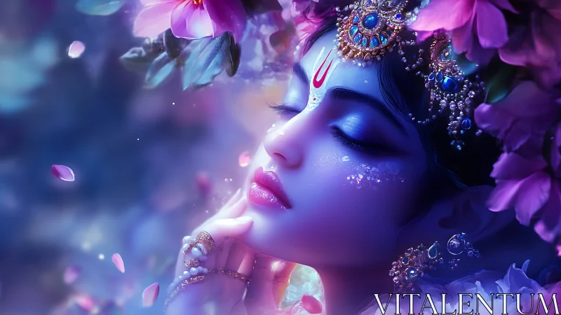 Dreamy floral goddess resting in a soft violet glow.