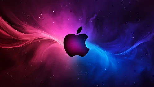 Apple-style logo floats amid vivid cosmic color waves.