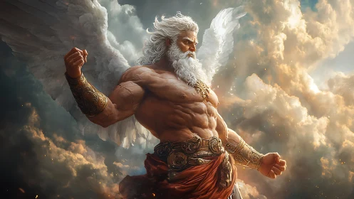 Winged thunder god in dramatic golden storm clouds.
