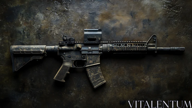 Tactical carbine with modular optics on oxidized metal backdrop.