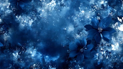 Luminous Blue Florals Against Ethereal Depths.