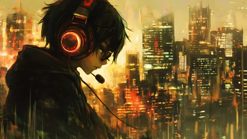 Hooded gamer with neon headset overlays blurred cyberpunk skyline