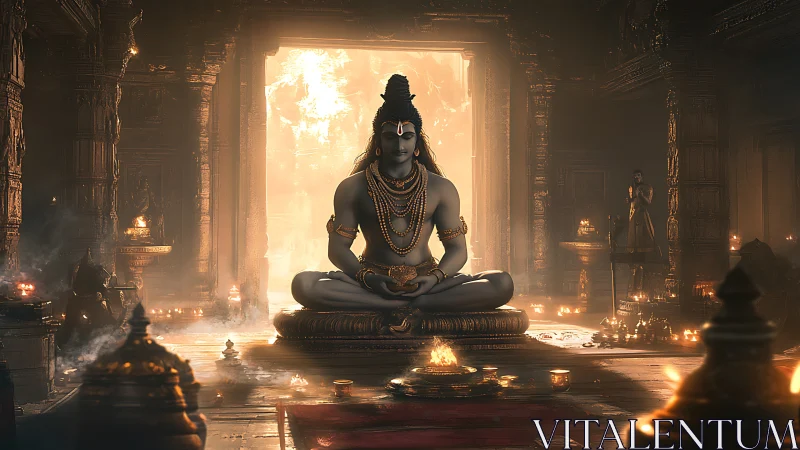 Meditating deity in ornate temple hall with warm firelight.