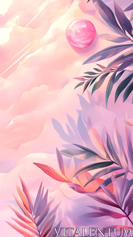 Pink sphere and stylized palm foliage over soft clouds.