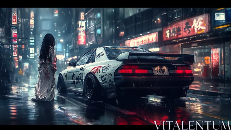 Street racer coupe meets ghostly figure in neon rainstorm.