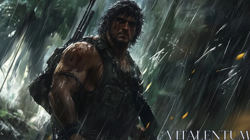 Storm-hardened jungle warrior stalks through silver rain.