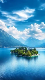 Alpine Lake Island Sanctuary with Mountain Backdrop.