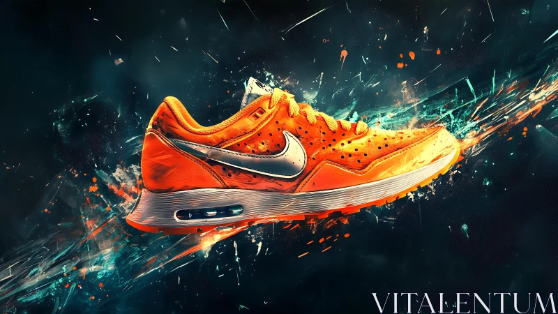 Neon orange sneaker rockets through a storm of digital paint