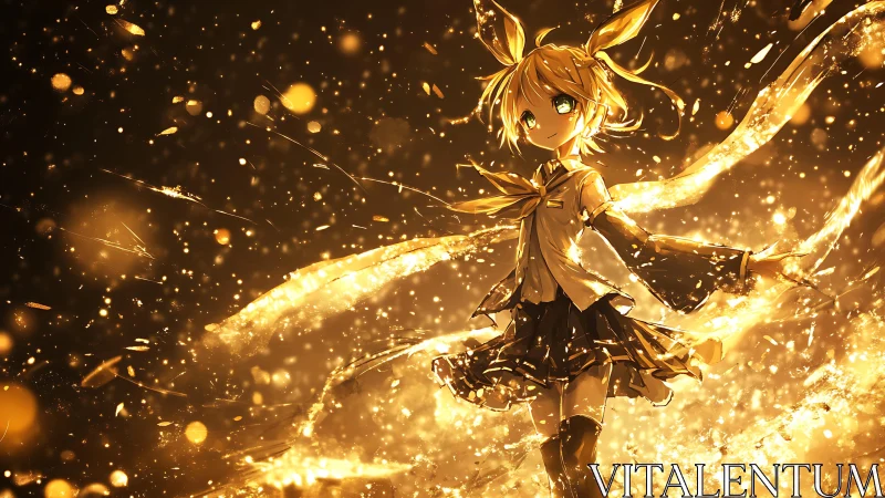 Golden anime character amid swirling luminous particles.