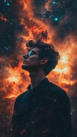 Silhouetted dreamer gazes into fiery cosmic nebula sky