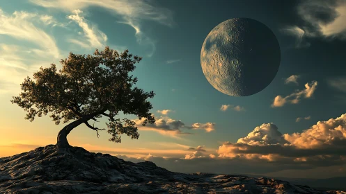 Solitary wind‑bent tree watches a colossal moonrise at dusk