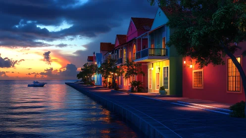 Sunset-lit waterfront street renders vivid chromatic façades