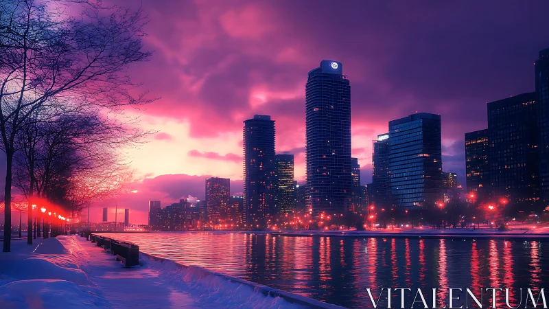Neon-lit winter waterfront skyline under magenta twilight cloudfield