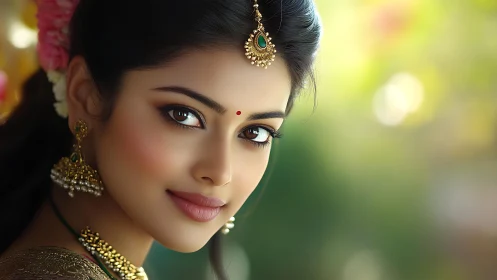 Graceful woman in traditional jewelry shares a gentle smile