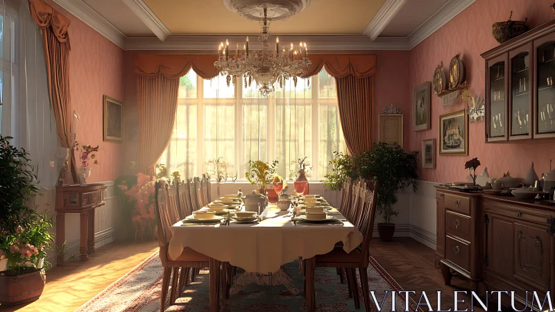 Sunlit crystal chandelier crowns a patiently set feast table