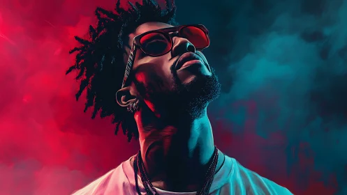 Portrait of cool man in neon red and teal studio glow.