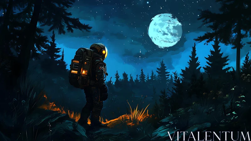 Lone astronaut surveys moonlit forest using high-contrast rim lighting