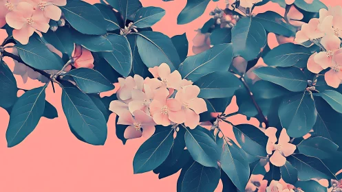 Floral Cluster with Teal Foliage Against Coral Background