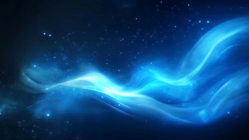 Abstract blue light waves and cosmic stars digital art background.