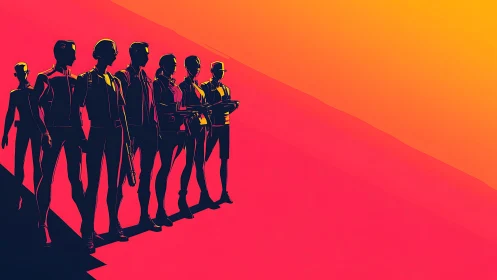 Silhouetted group of figures on vibrant gradient background.