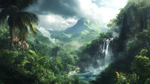 Lush tropical waterfall valley under dramatic storm skies.