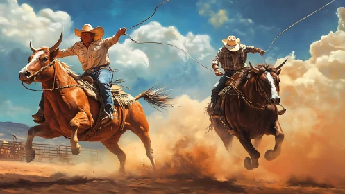 Rodeo cowboys on horseback roping cattle under blue sky.