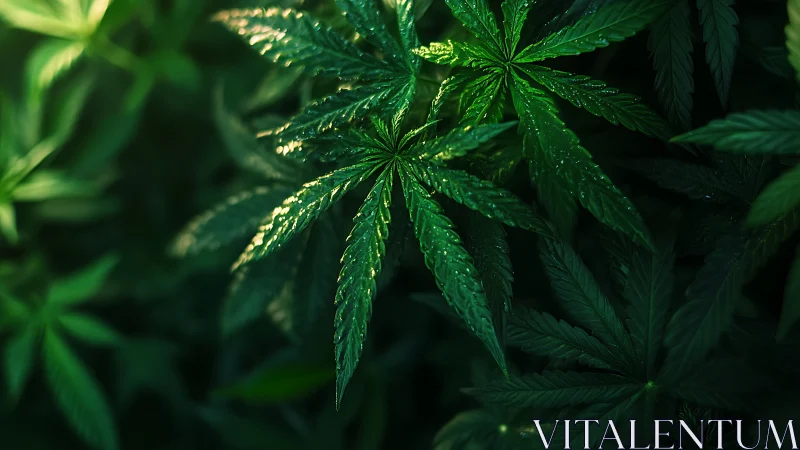 Macro botanical study of dewy cannabis foliage in low light.