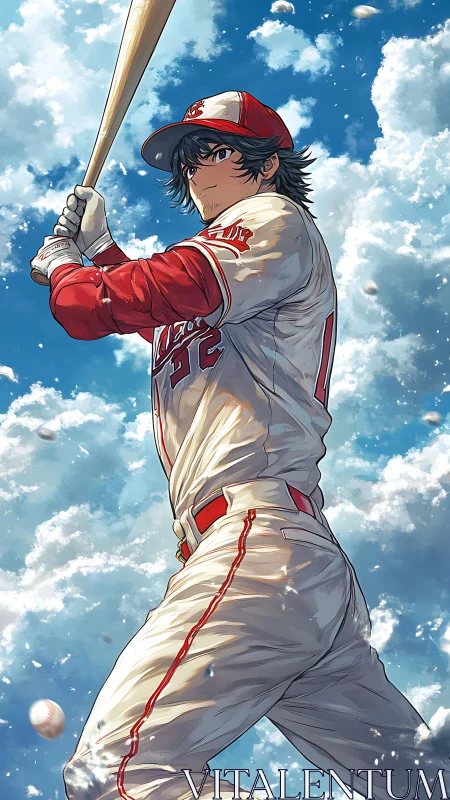 Confident anime baseball slugger ready to swing under bright sky.