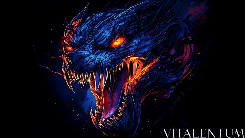 Infernal neon beast head bursting from electric shadow.