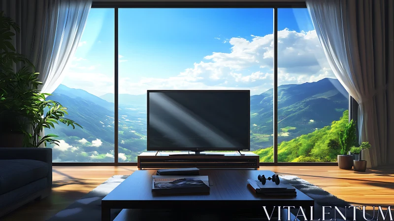 Modern living room framing expansive sunlit mountain vista