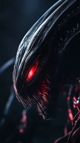 Alien creature close-up with sharp teeth and red glow.