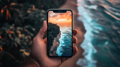 Hand holding smartphone framing vivid tropical beach view.