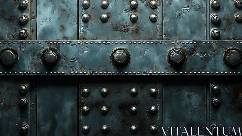 Rust-patinated steel riveted wall shows industrial strength.