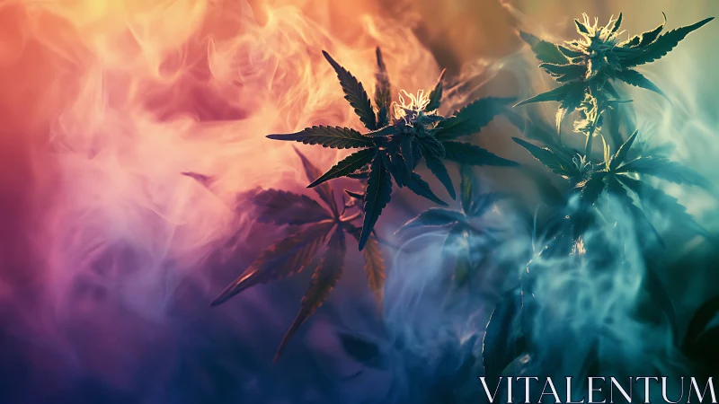 Nebula-kissed cannabis leaves drifting through chromatic haze.