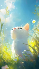 White Cat Gazing Upward in Sunlit Meadow.