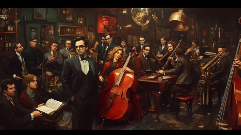 Warm jazz ensemble gathered in a cozy vintage parlor.